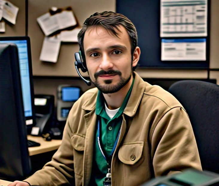 Support technician with a headset at his workstation